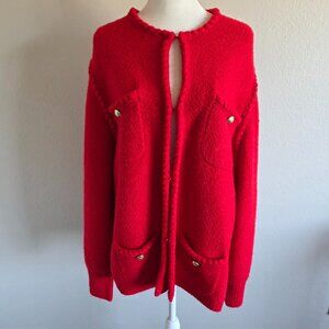 J. Crew Odette Sweater Jacket Red Heavy Knit Pockets Gold Tone Buttons Plus 2X